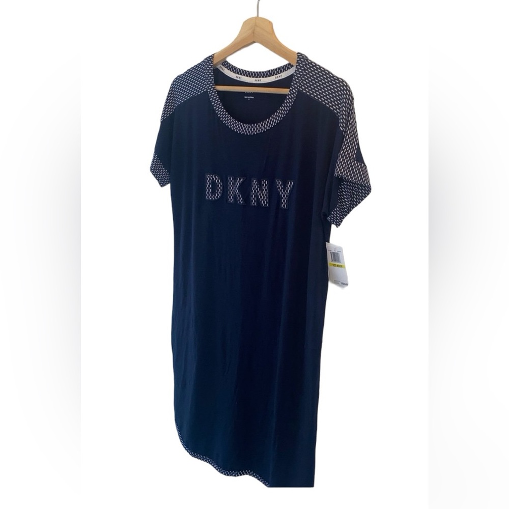 NWT-DKNY Size Medium Dark Blue Mini T-Shirt Dress Logo front